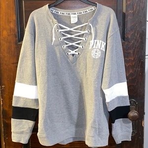 PINK hoodie with shoelace chest, medium oversized